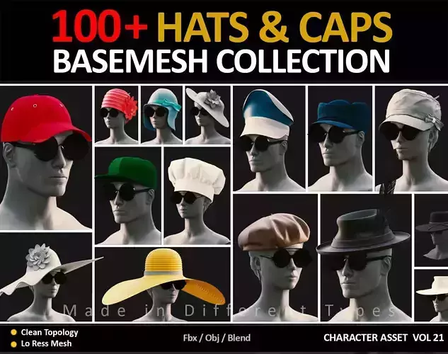 100 JEFF HATS and CAPS Low-poly 3D model