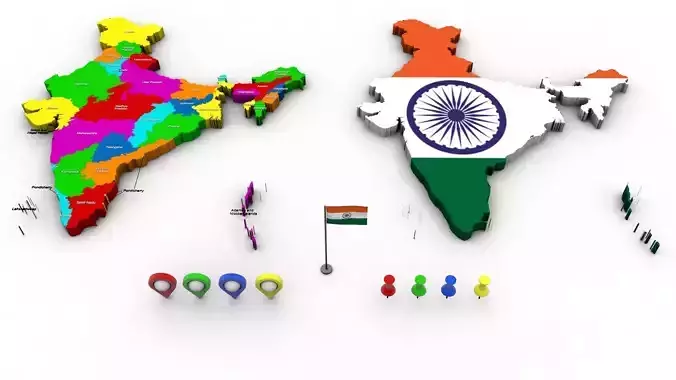 India Map - Political regions and flag 3D model