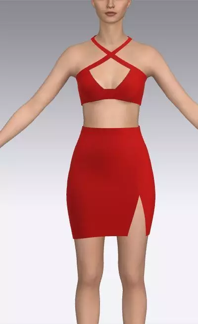 two pieces blouse and slit detail skirt   Low-poly 3D model_0