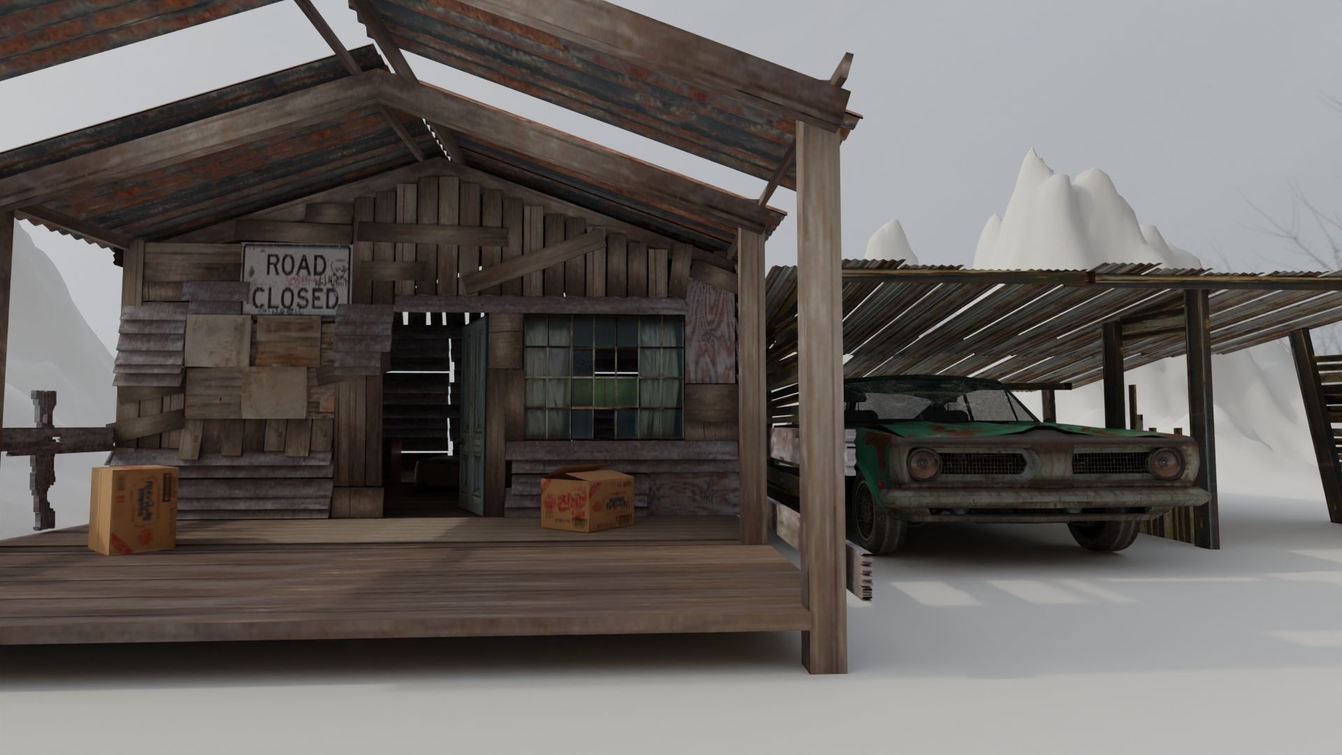 Shanty Wooden House and Shanty Garage with Car 3D model_2