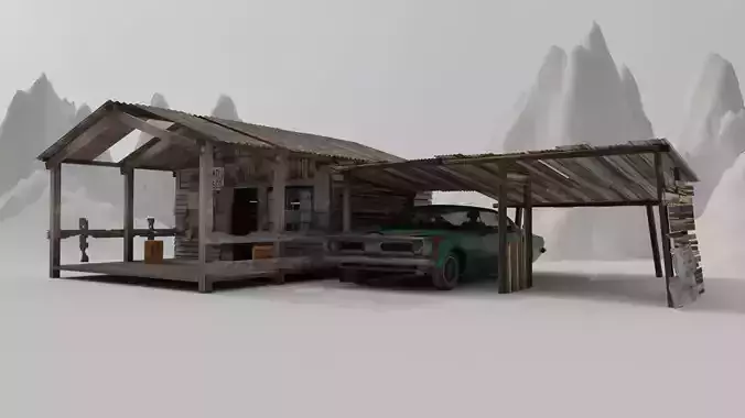 Shanty Wooden House and Shanty Garage with Car