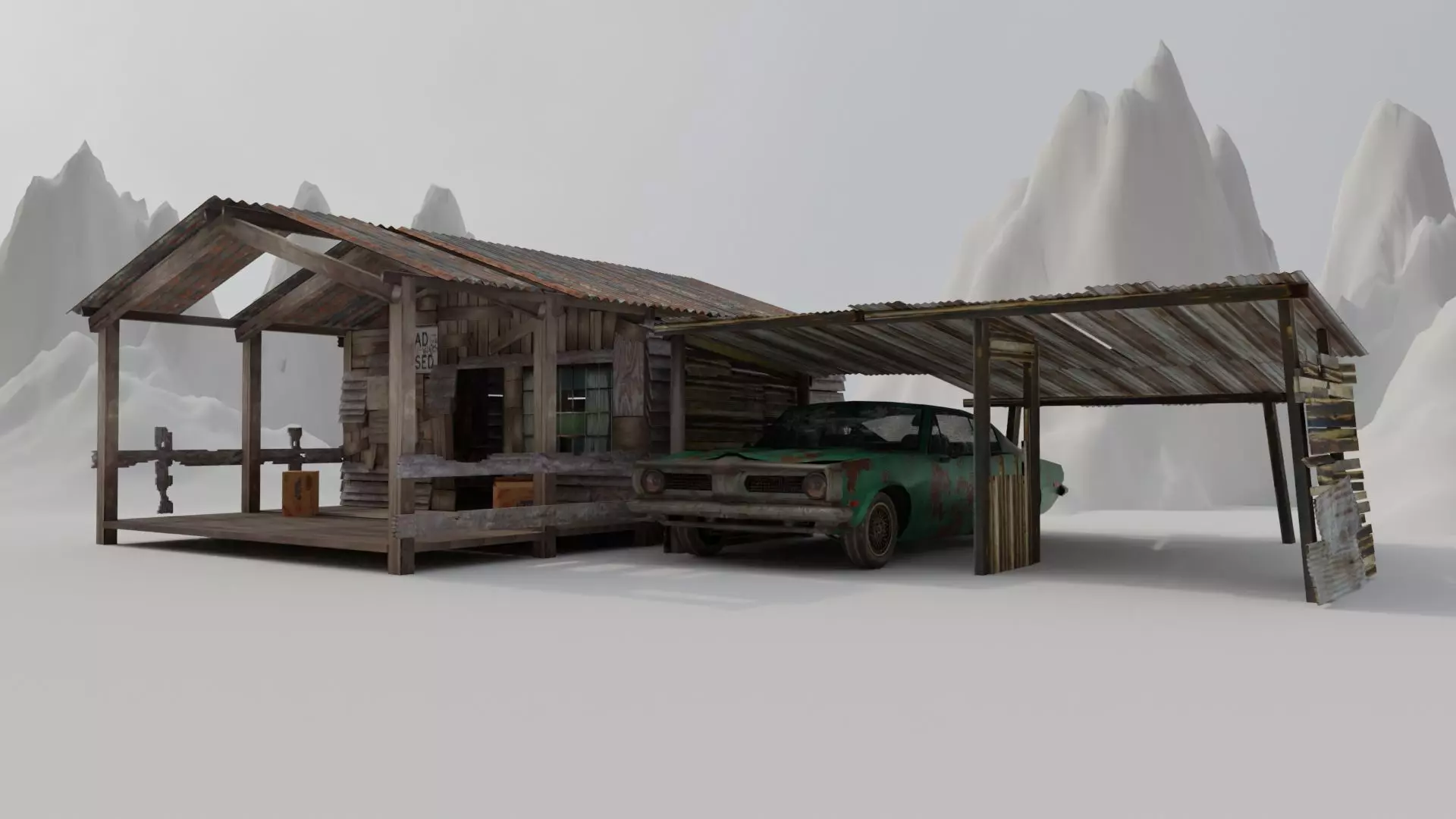 Shanty Wooden House and Shanty Garage with Car 3D model_0