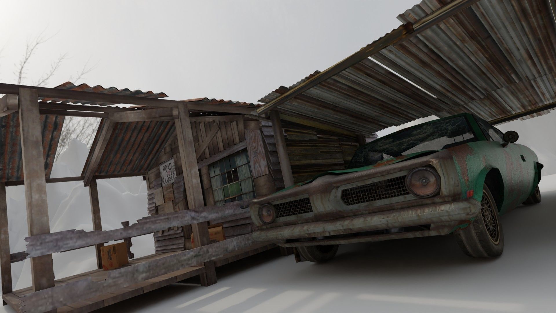 Shanty Wooden House and Shanty Garage with Car 3D model_1