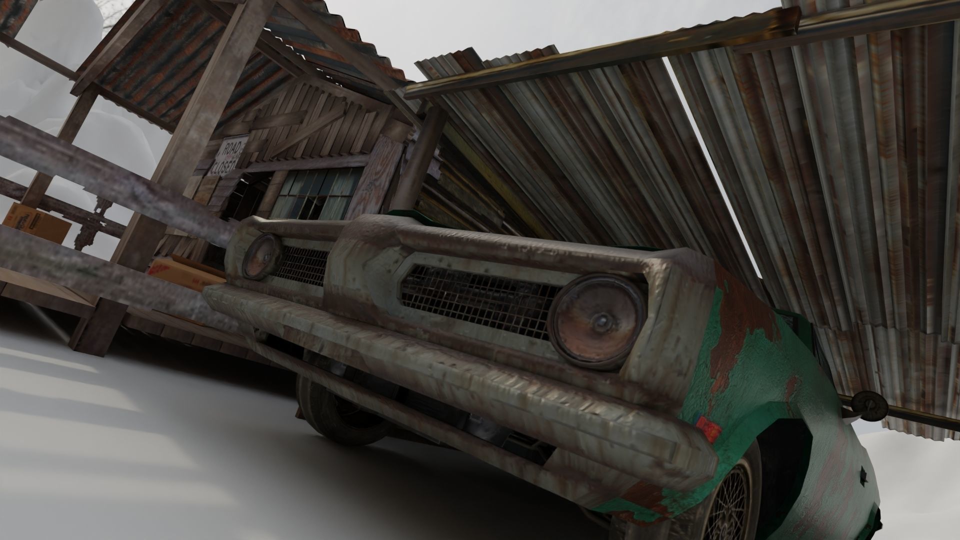 Shanty Wooden House and Shanty Garage with Car 3D model_3