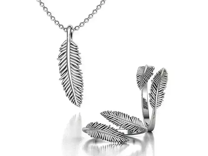 Feather bypass ring and pendant Jewelry Set  3D Model Collection
