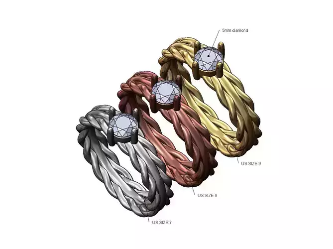Braided rope sides 5mm diamond solitaire ring US sizes 7 8 9