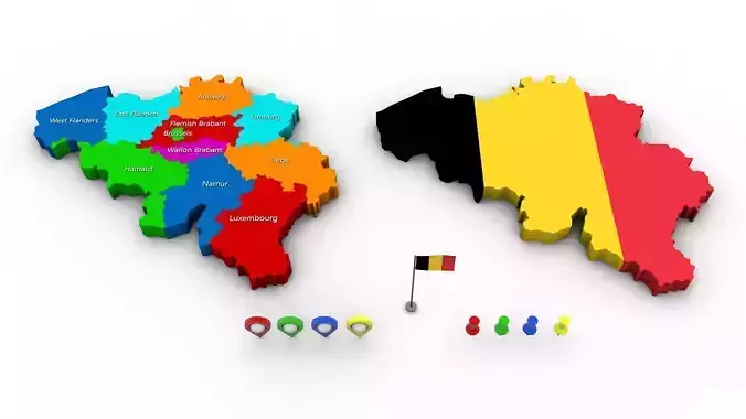 Belgium map - Political regions and flag 3D model