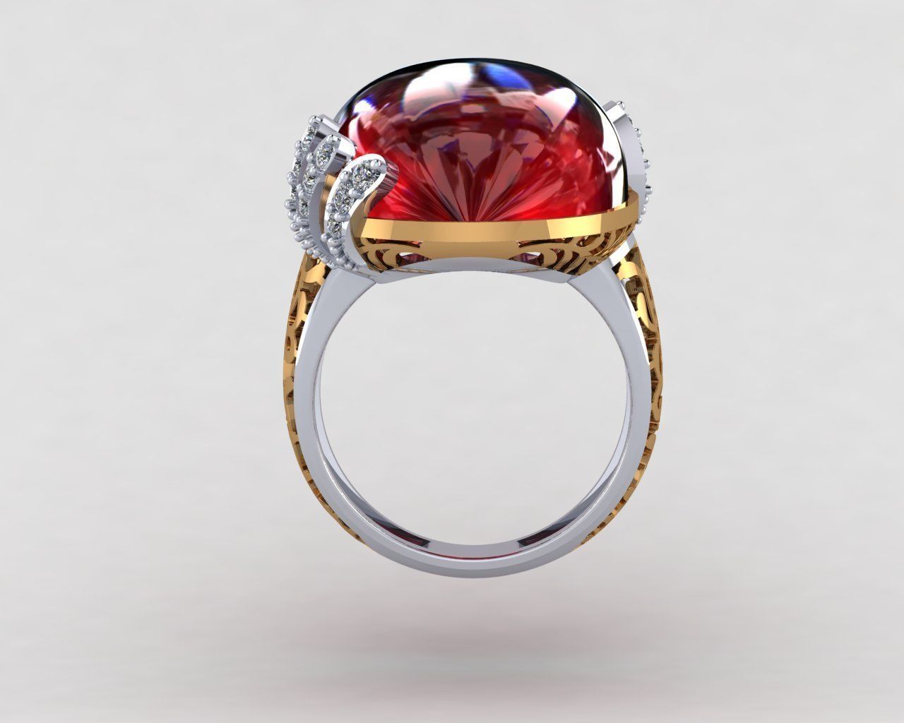 Oval Big Stone Red Ruby Diamond Ring 3D print model_2