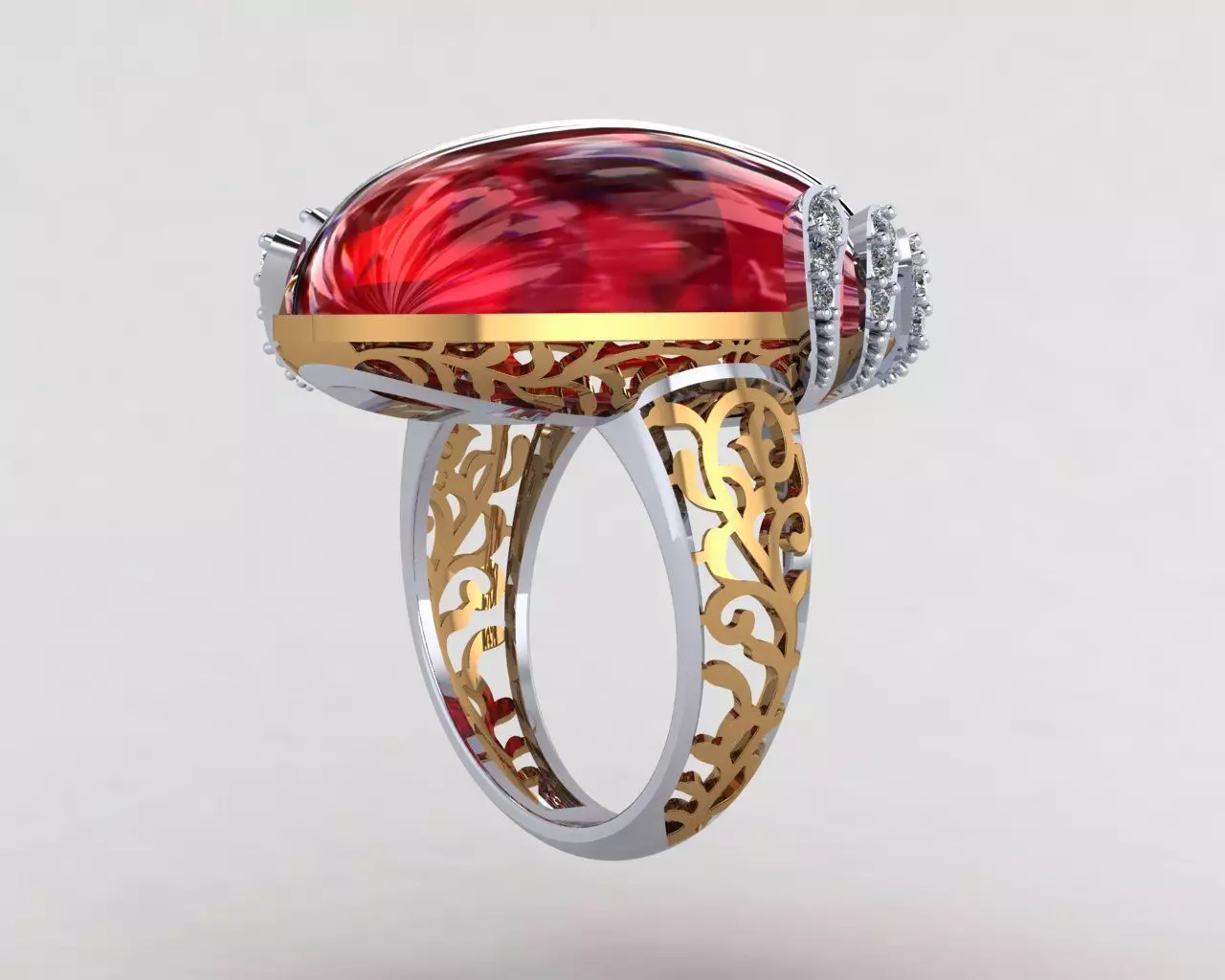 Oval Big Stone Red Ruby Diamond Ring 3D print model_0