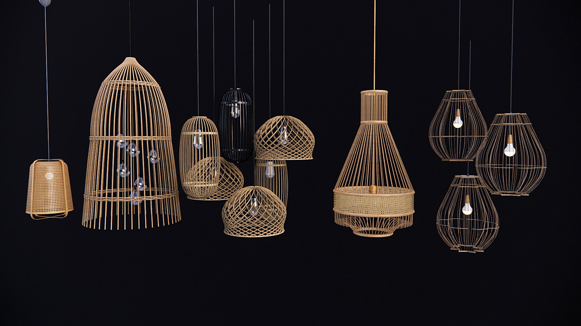 Bamboo rattan Lantern Pendant hanging Lamp  3D model_2