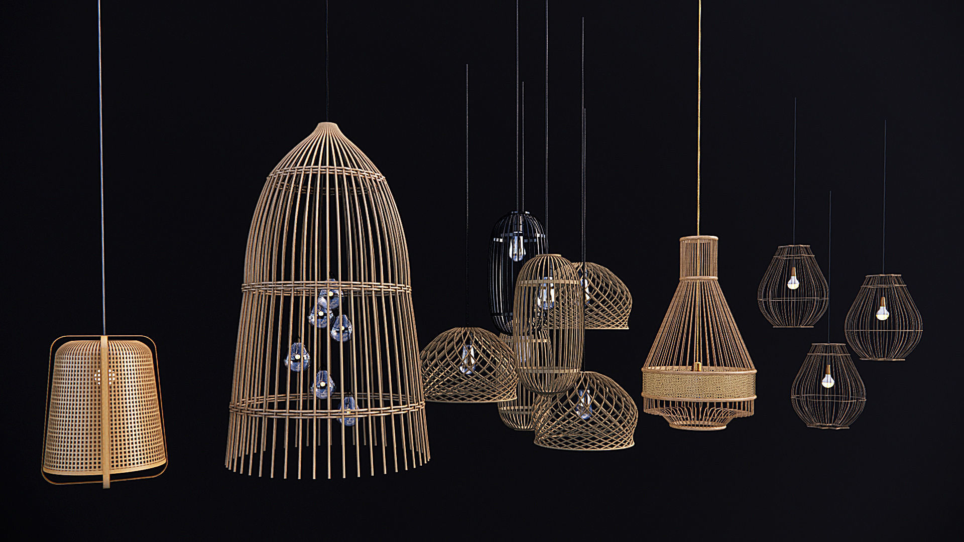 Bamboo rattan Lantern Pendant hanging Lamp  3D model_1