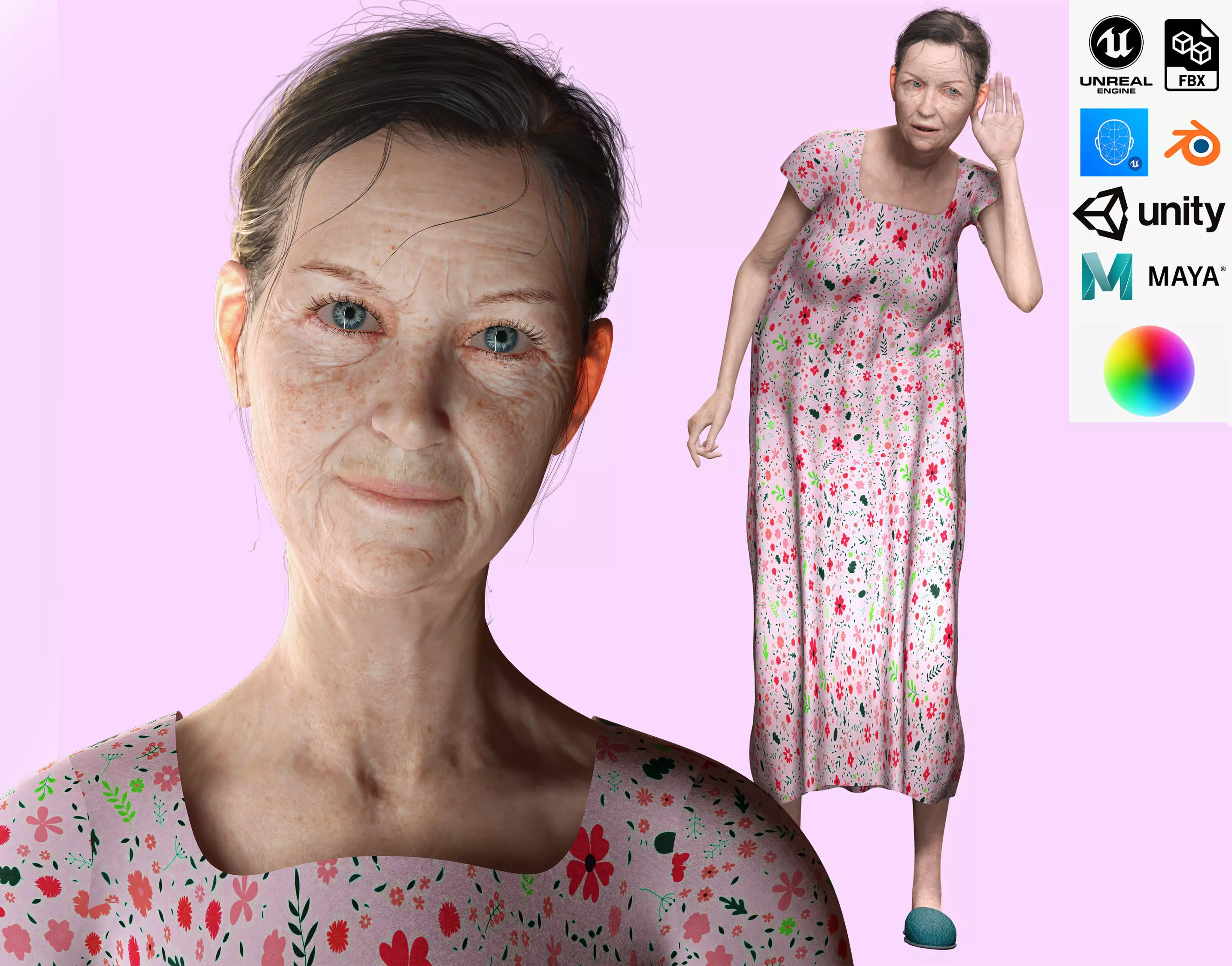 Evelyn - Realistic Old Woman Low-poly 3D model_0