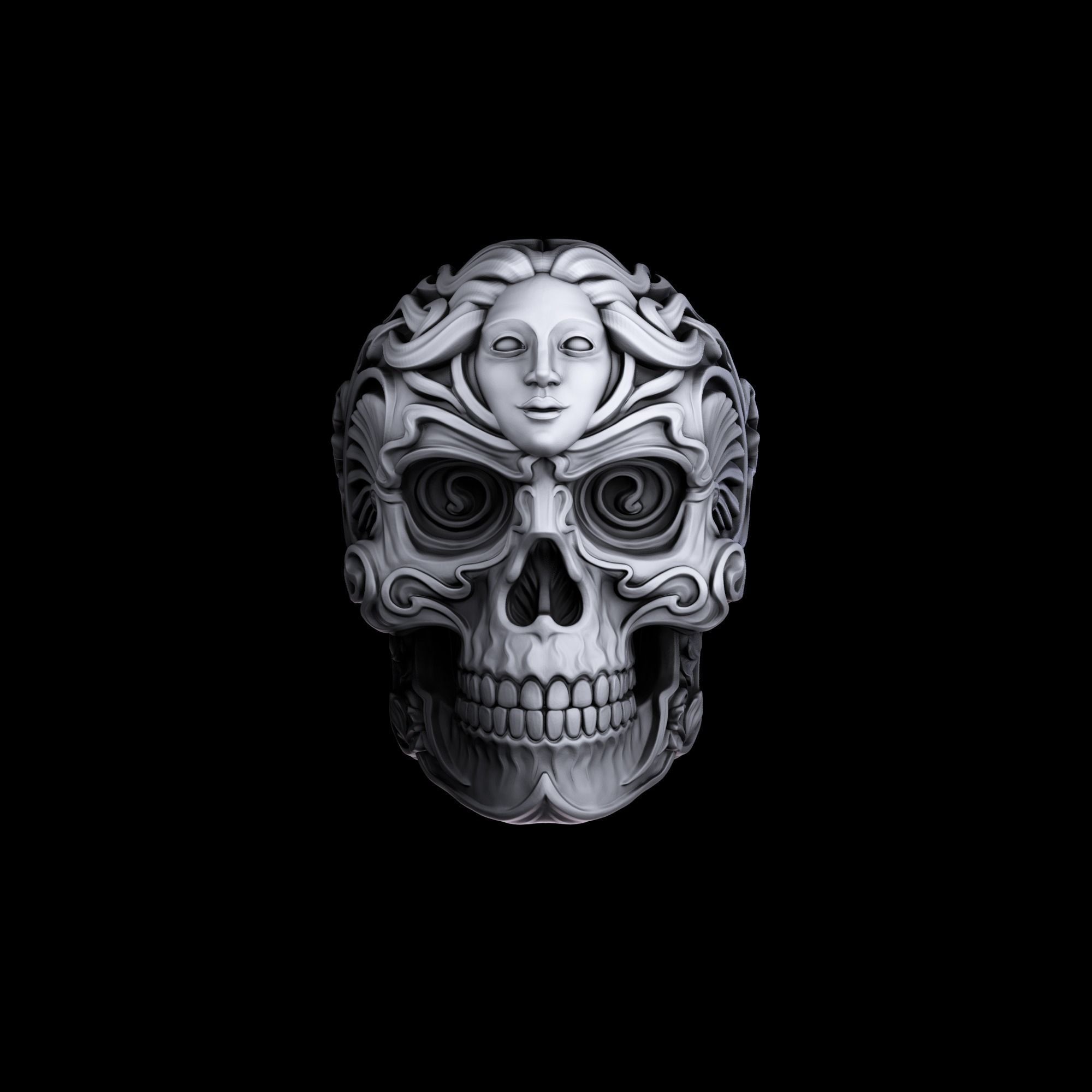 RIng Skull in Art Nouveau style 3D print model_2