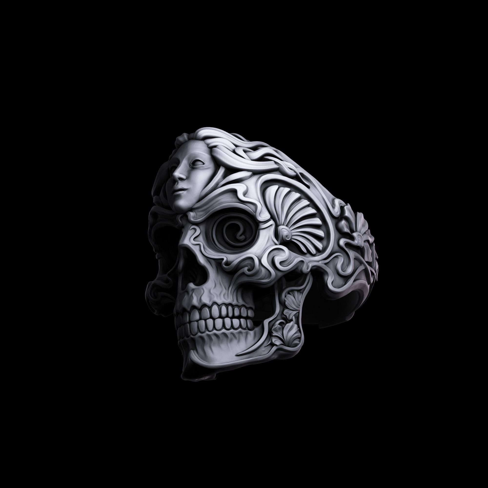 RIng Skull in Art Nouveau style 3D print model_3