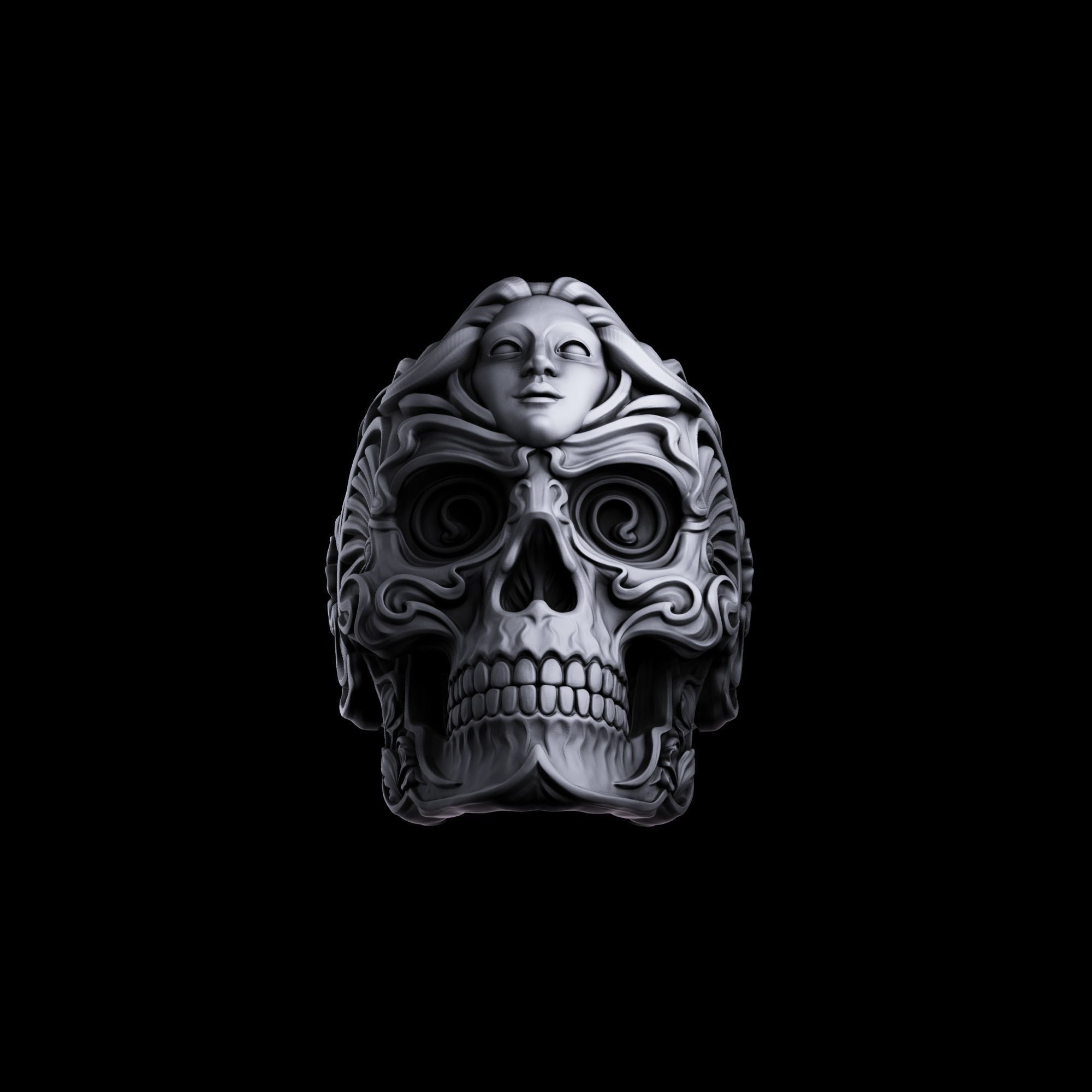 RIng Skull in Art Nouveau style 3D print model_5