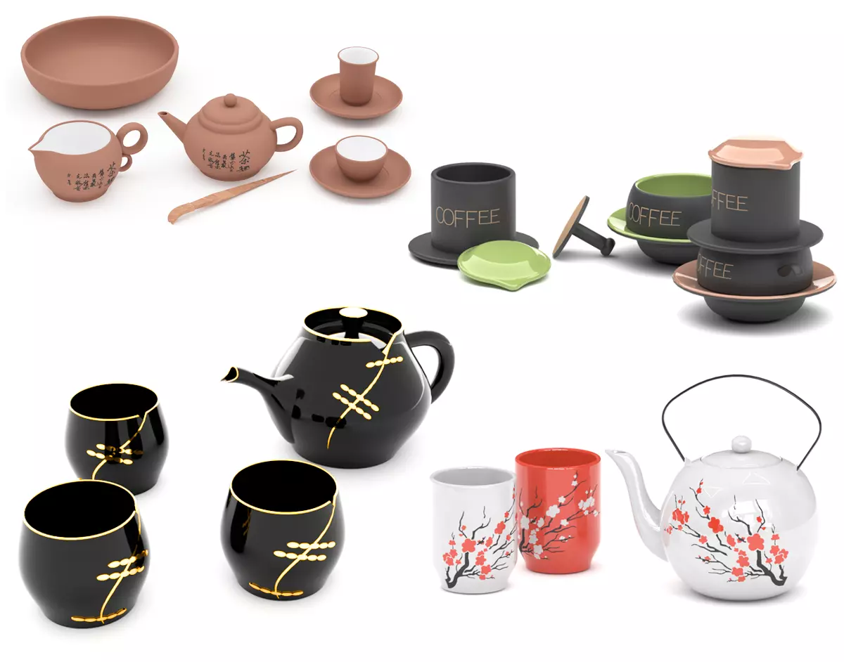 Asian tea sets and coffee cups 3D Model Collection_0