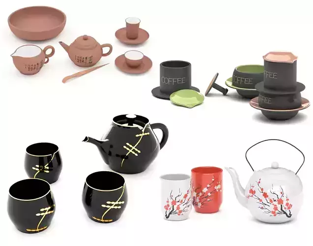 Asian tea sets and coffee cups 3D Model Collection