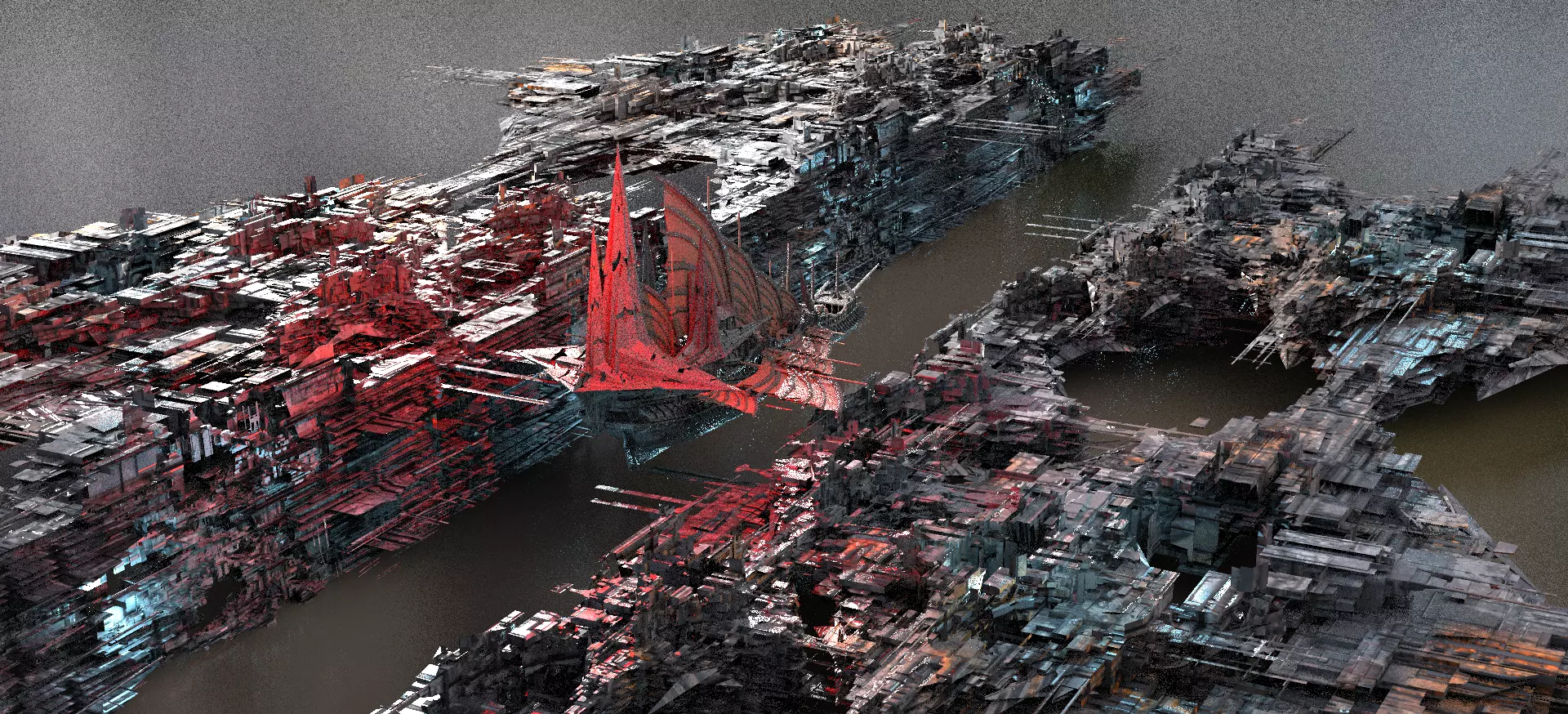 Dark Cyberpunk Slums City with Ship 3D model