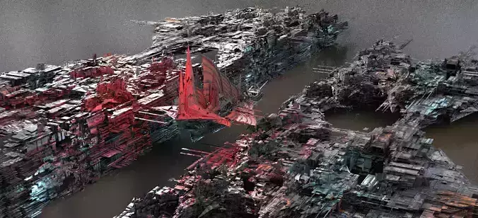 Dark Cyberpunk Slums City with Ship 3D model