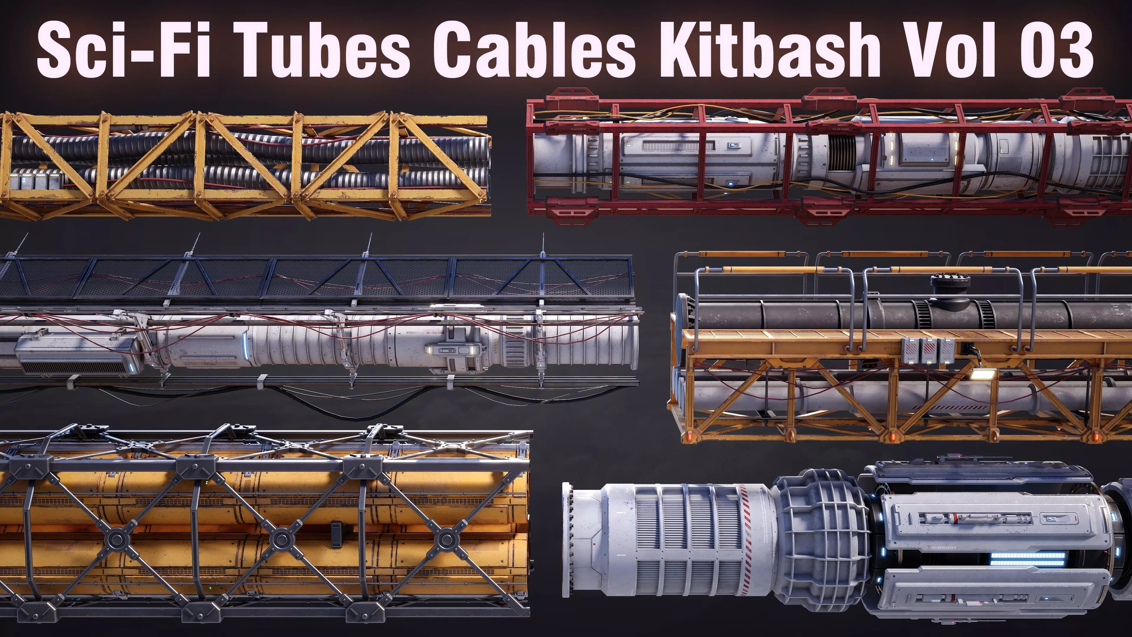 Sci-Fi Tubes Cables pipe Kit Vol 03-PBR Low-poly 3D model_0