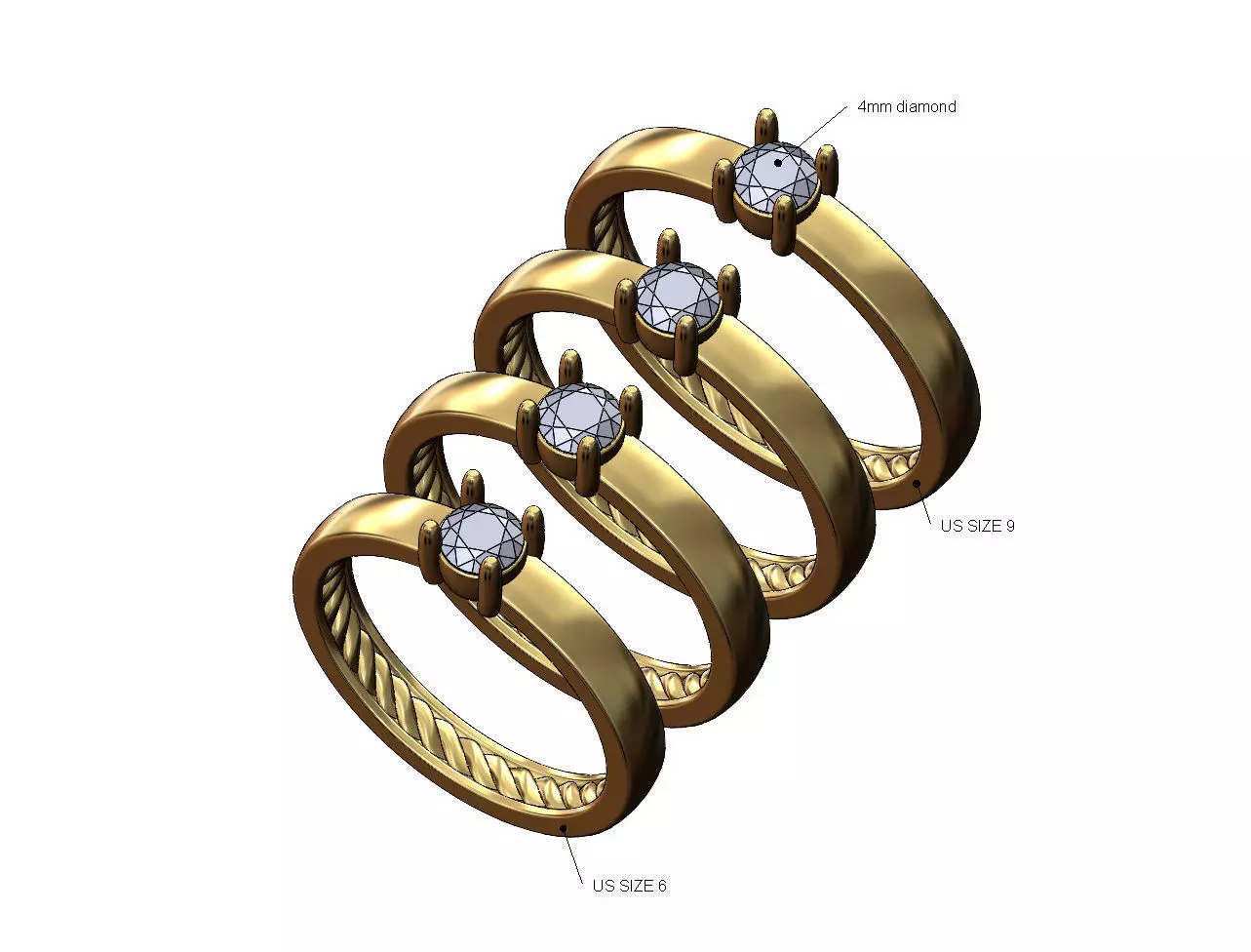 Inner braid 4mm diamond solitaire ring US sizes 6to9 3D print model