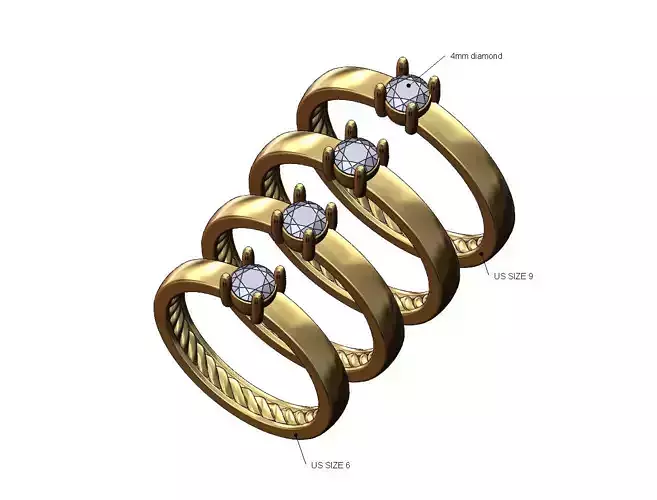 Inner braid 4mm diamond solitaire ring US sizes 6to9