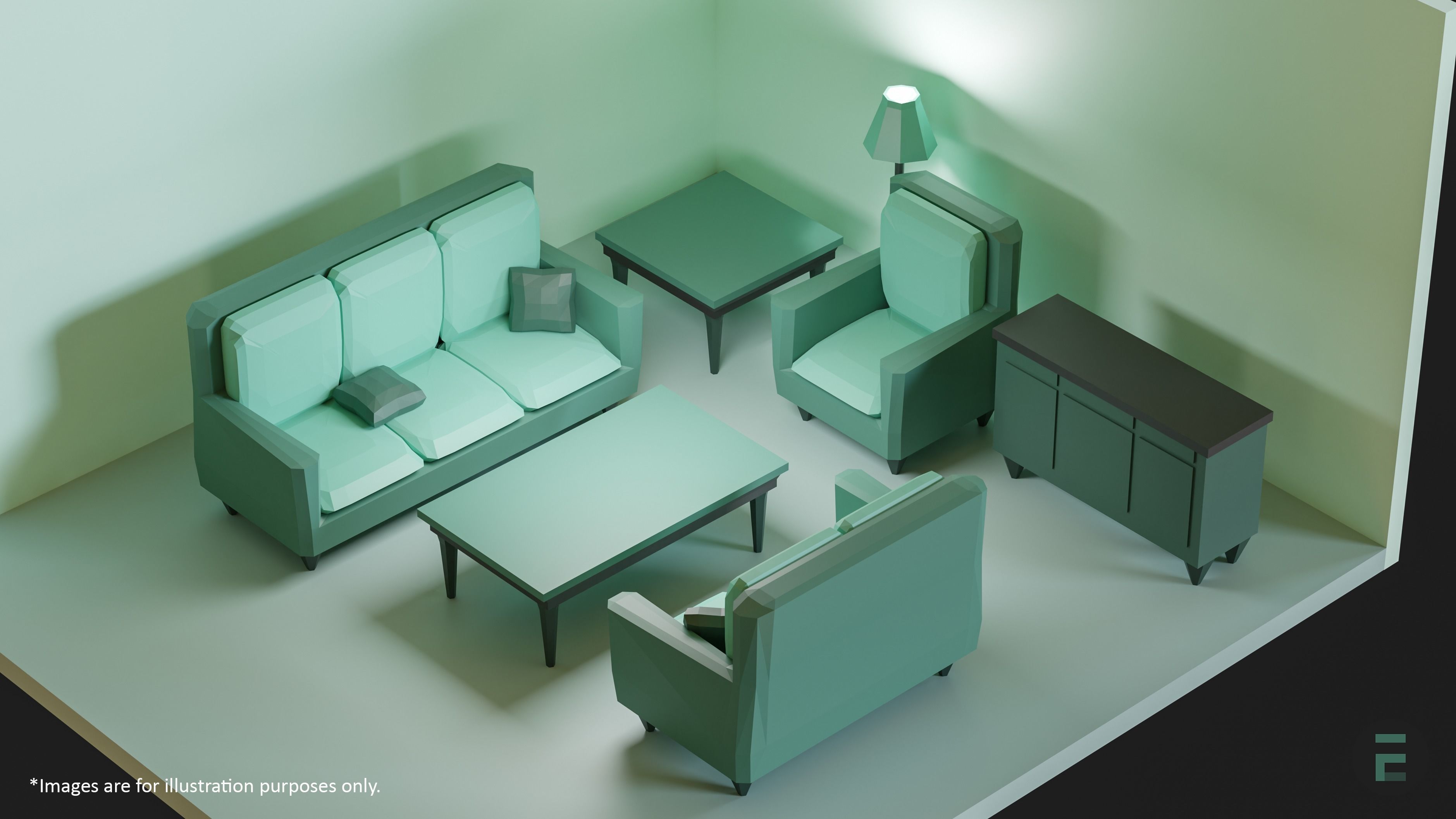 Living room Furniture Set Low-poly 3D model_2