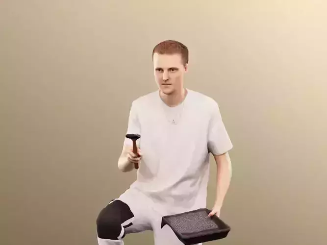 Oskar 13745 - Kneeing Young Painter With Paint Brush Low-poly 3D model