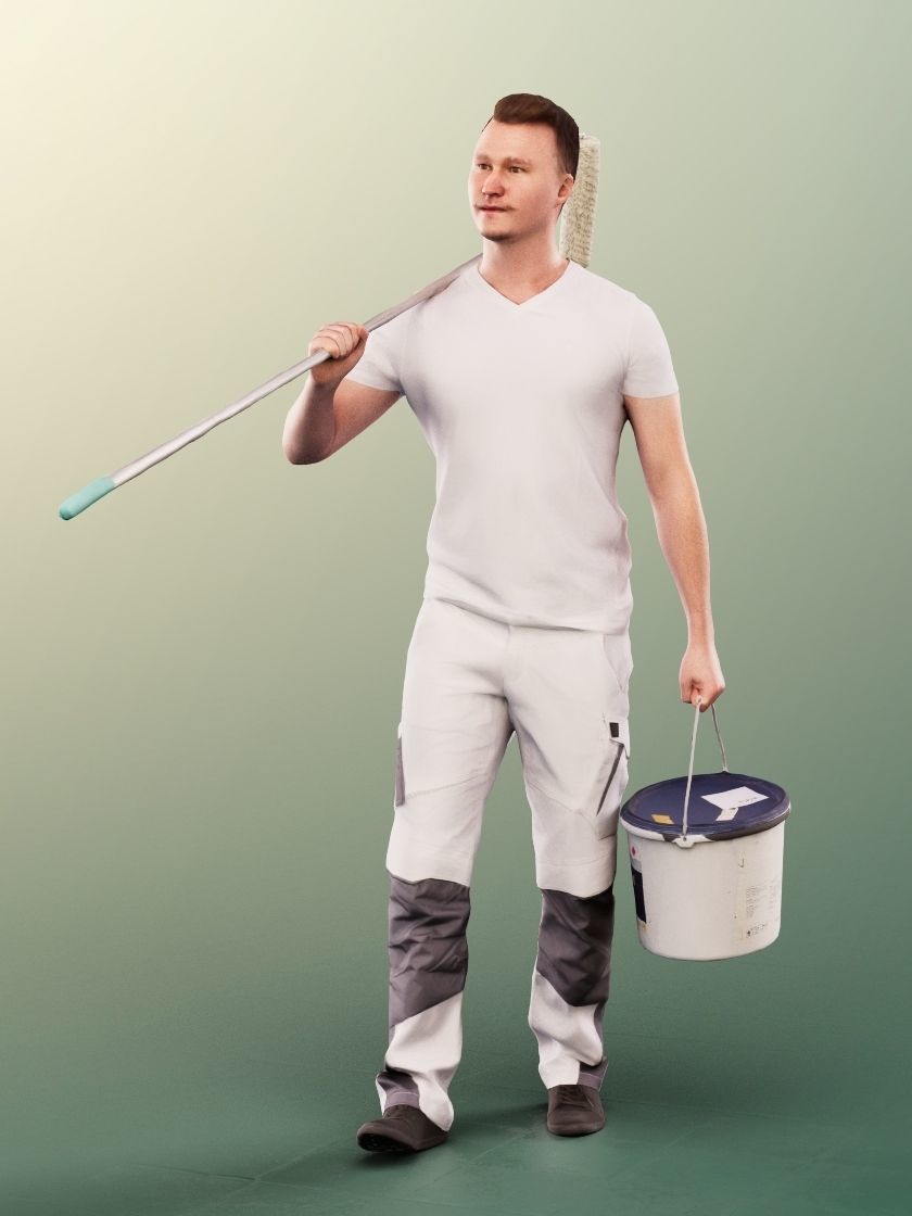 Ricky 13742 - Walking Young Painter With Paint Bucket And Roll Low-poly 3D model_1
