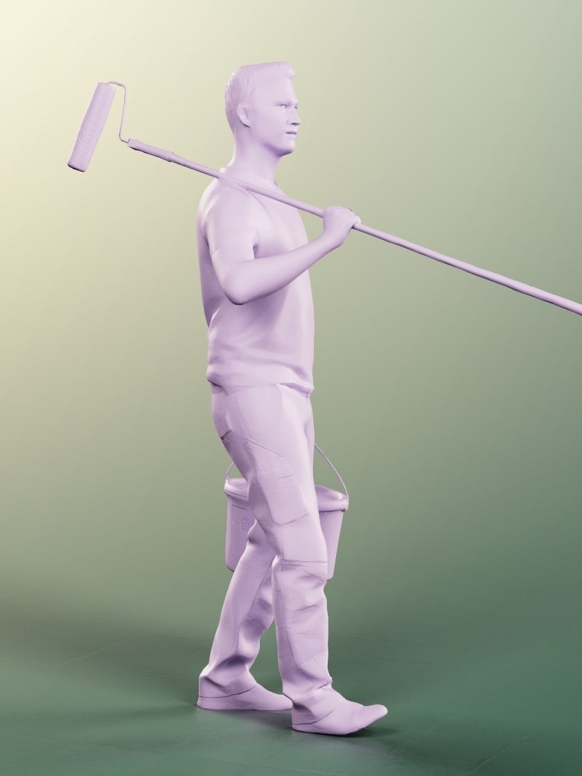 Ricky 13742 - Walking Young Painter With Paint Bucket And Roll Low-poly 3D model_4