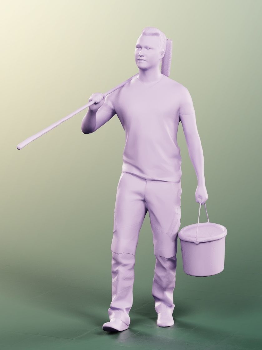 Ricky 13742 - Walking Young Painter With Paint Bucket And Roll Low-poly 3D model_3
