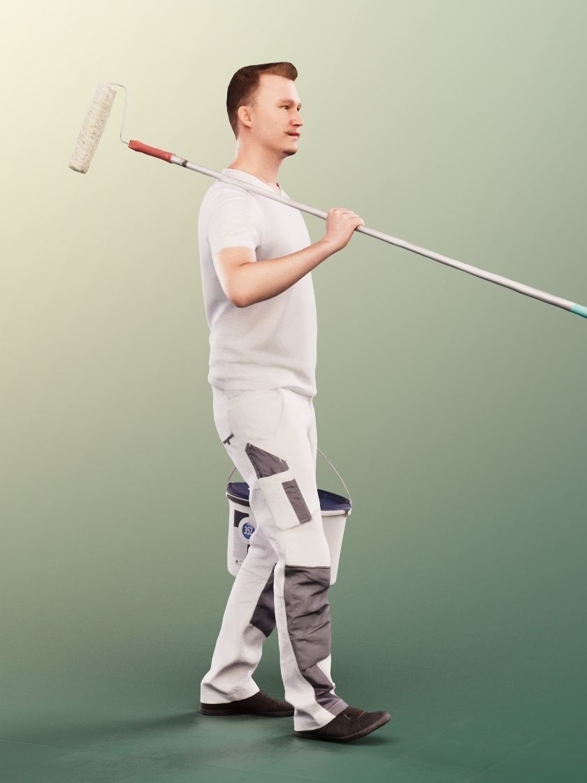 Ricky 13742 - Walking Young Painter With Paint Bucket And Roll Low-poly 3D model_2