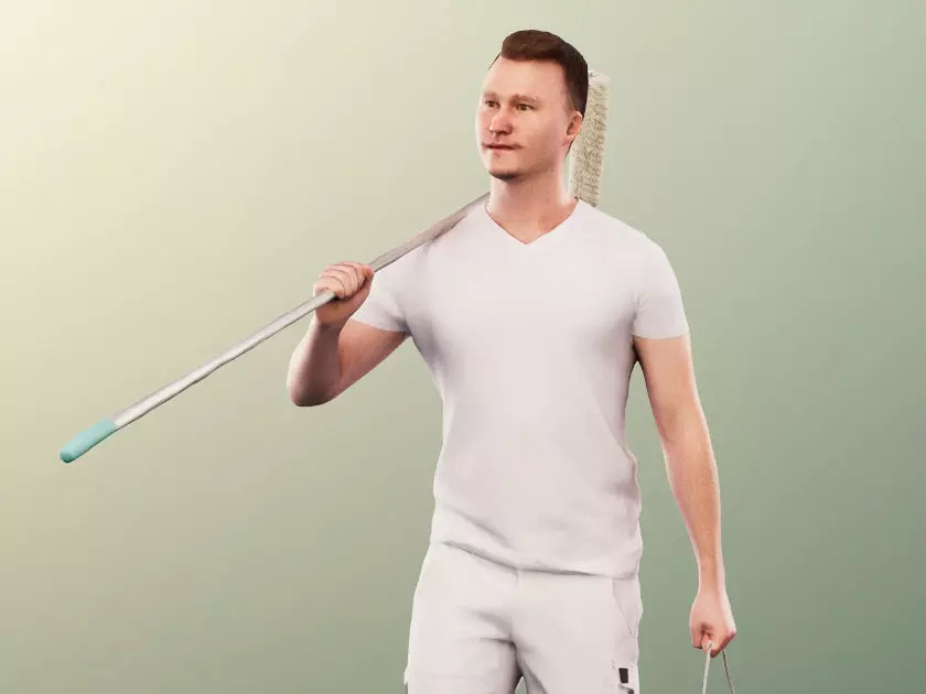 Ricky 13742 - Walking Young Painter With Paint Bucket And Roll Low-poly 3D model_0