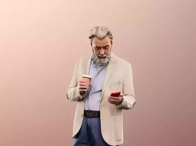 Andreas 13215 - Standing Older Man With Phone And Cup Low-poly 3D model