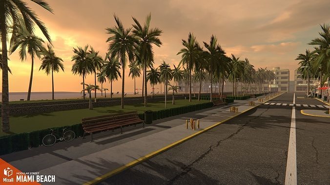 Miami beach - modular street  Low-poly 3D model 3