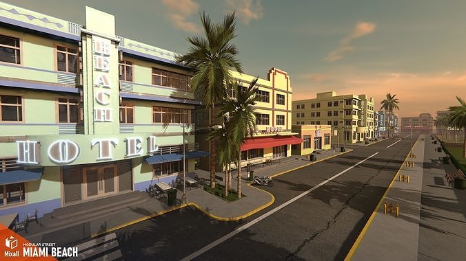 Miami beach - modular street  Low-poly 3D model 2