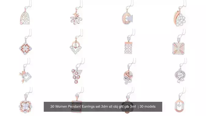 30 Women Pendant Earrings set 3dm stl obj gltf glb 3mf 