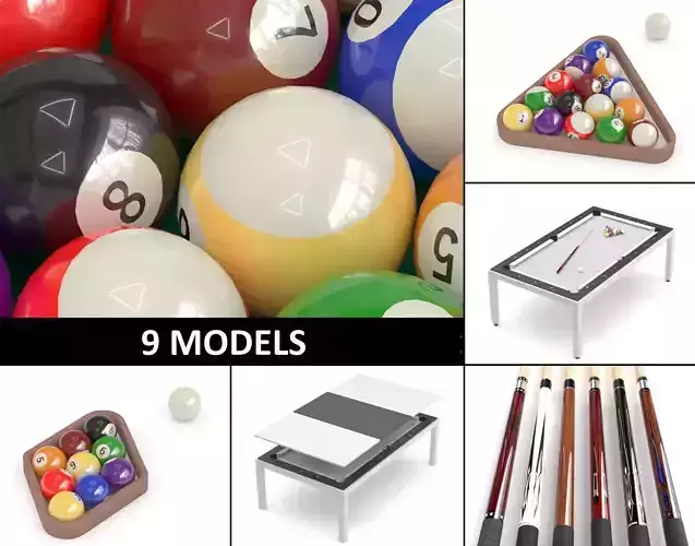 Billiard - pool table with pool cue wall rack and billiard balls 3D Model Collection