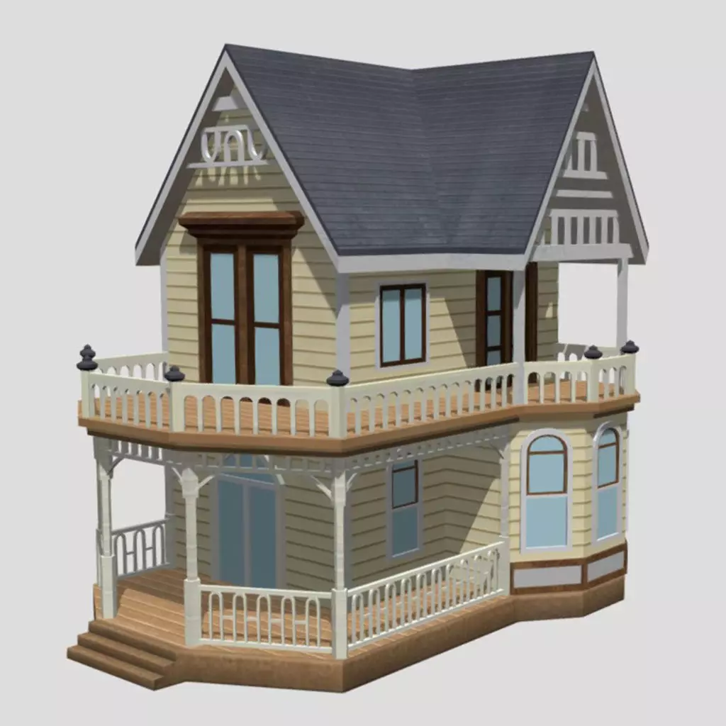 American Style Cottage - Town House Model Low-poly 3D model_0