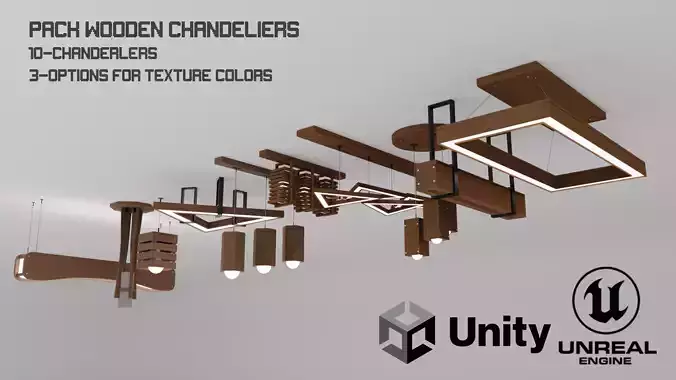 Pack wooden chandeliers lamps Low-poly 3D model