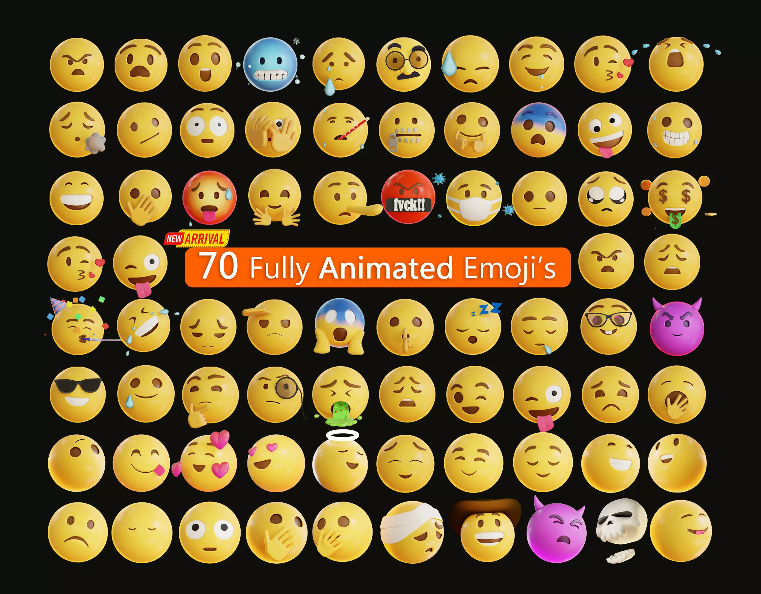 70 fully Animated Smiley Emojis Collection Low-poly 3D model_0