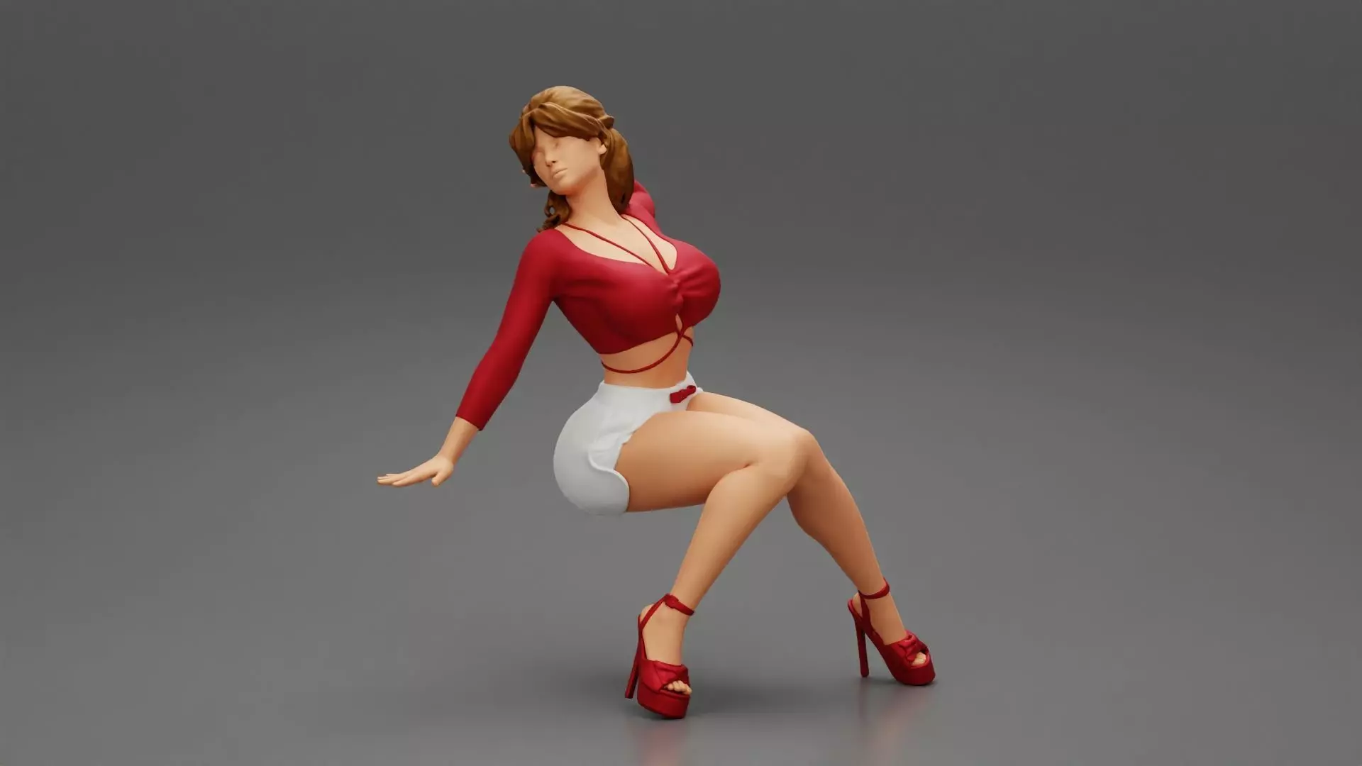 girl in shorts and heels is sitting with one hand in hair 3D print model