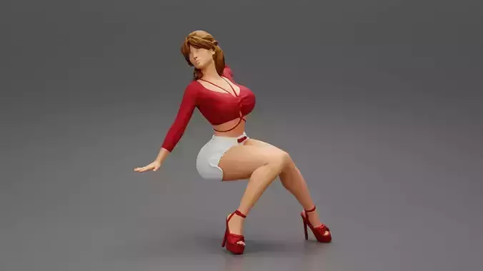 Sexy girl in shorts and heels is sitting with one hand in hair