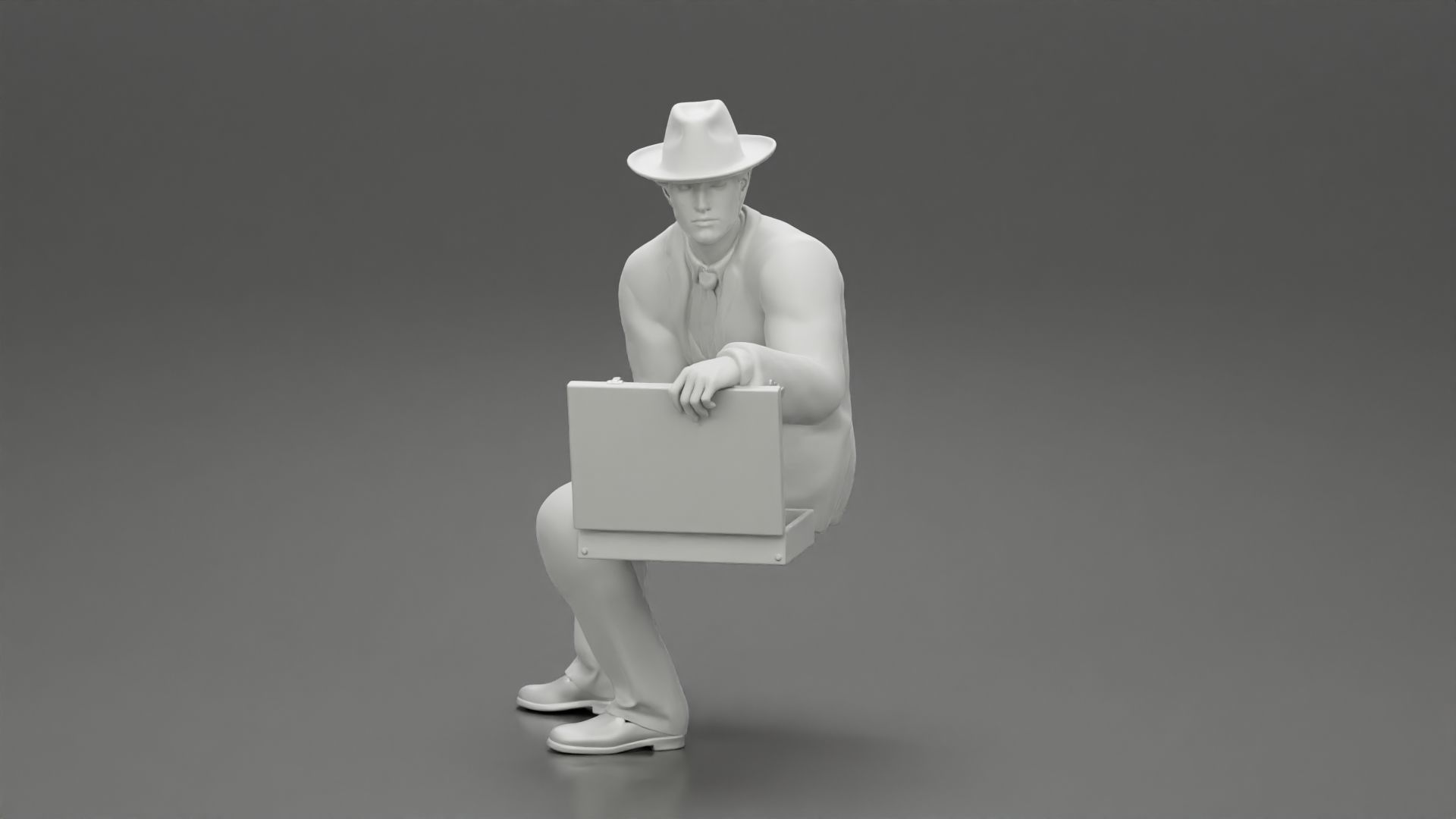 businessman in hat sitting and holding briefcase of money  3D print model_12