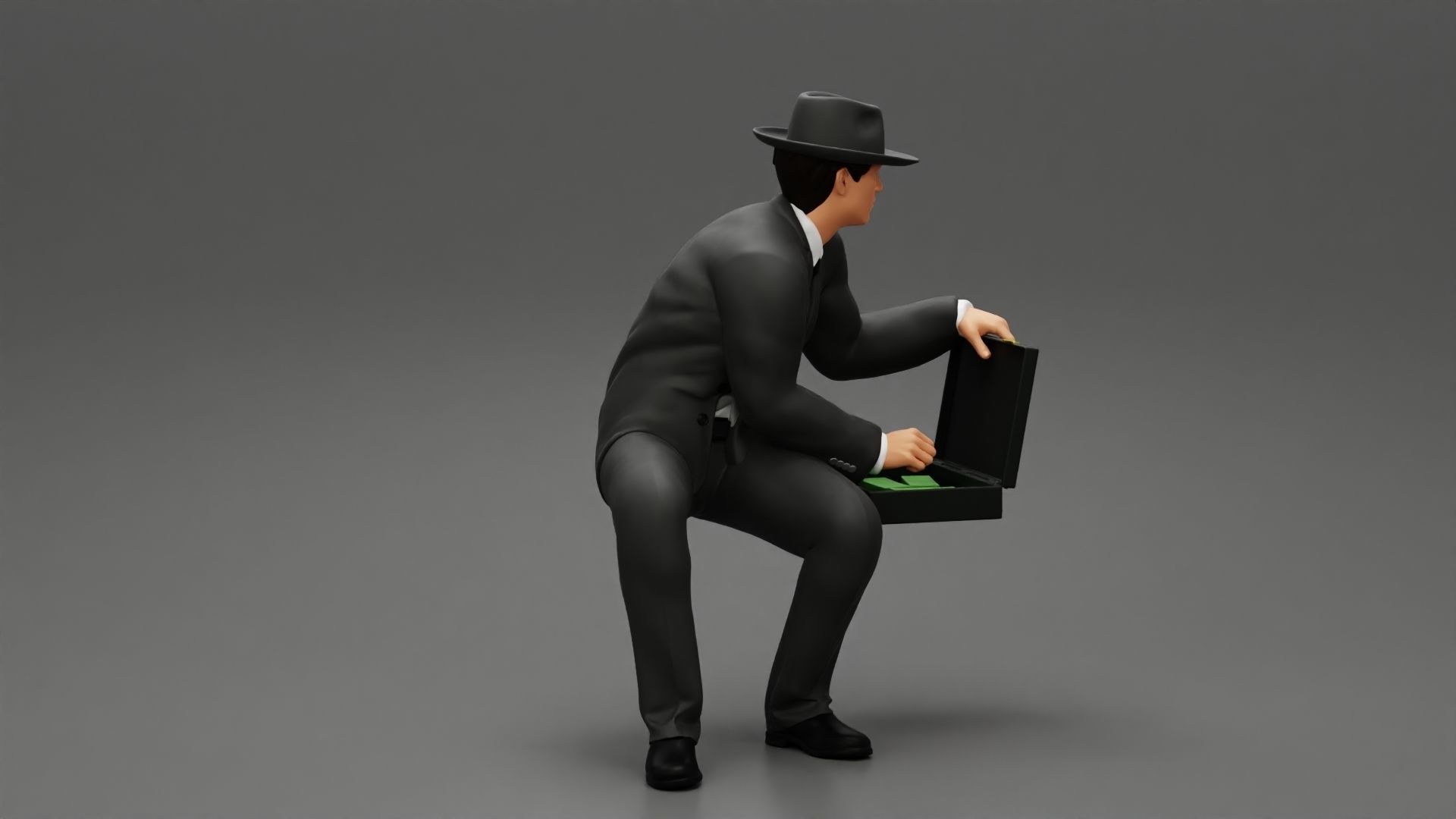 businessman in hat sitting and holding briefcase of money  3D print model_2