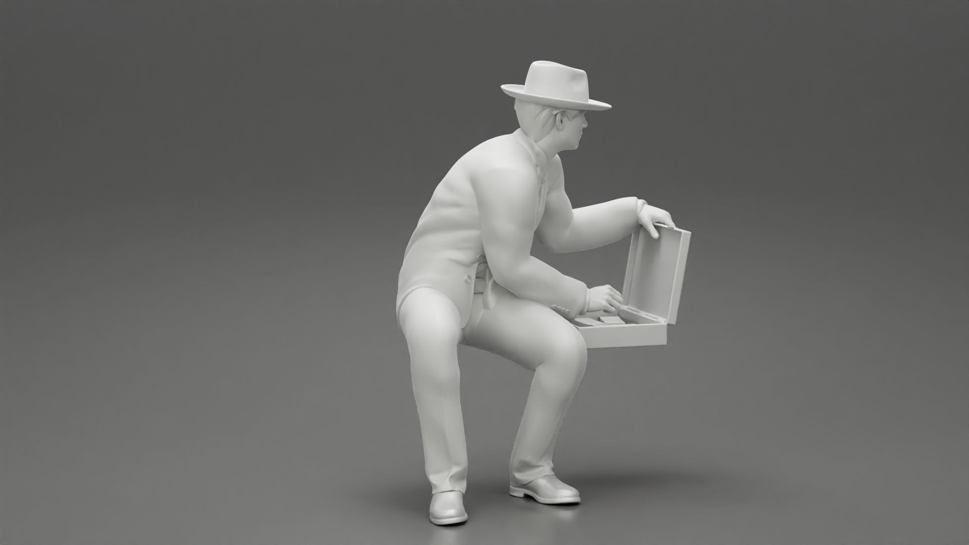 businessman in hat sitting and holding briefcase of money  3D print model_8