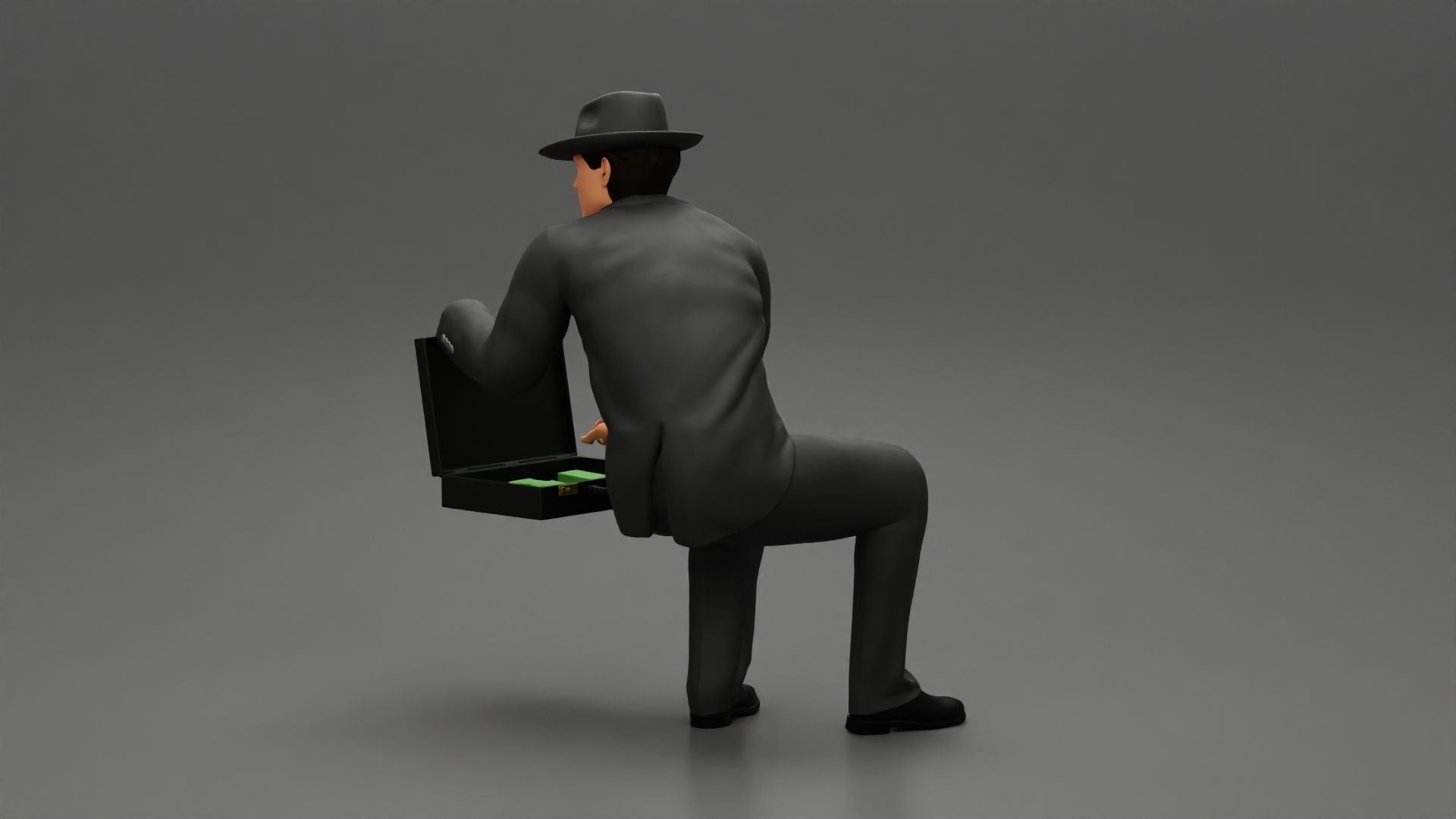 businessman in hat sitting and holding briefcase of money  3D print model_4