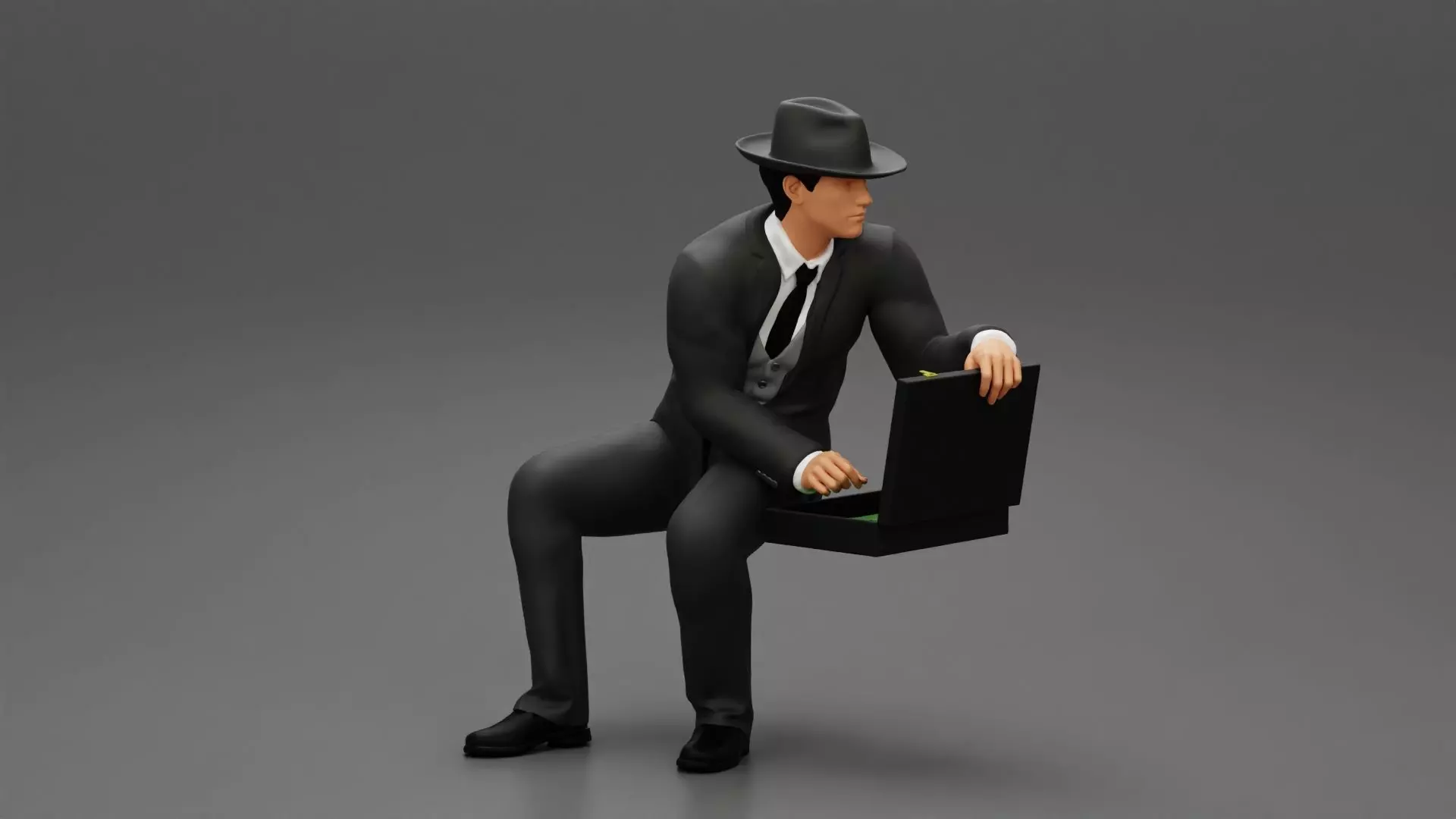 businessman in hat sitting and holding briefcase of money  3D print model_0