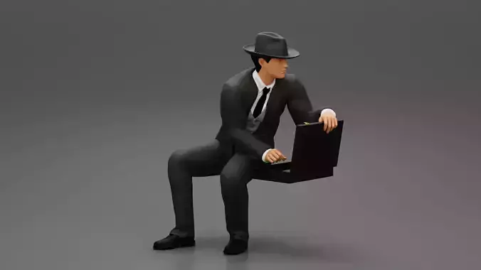 businessman in hat sitting and holding briefcase of money 
