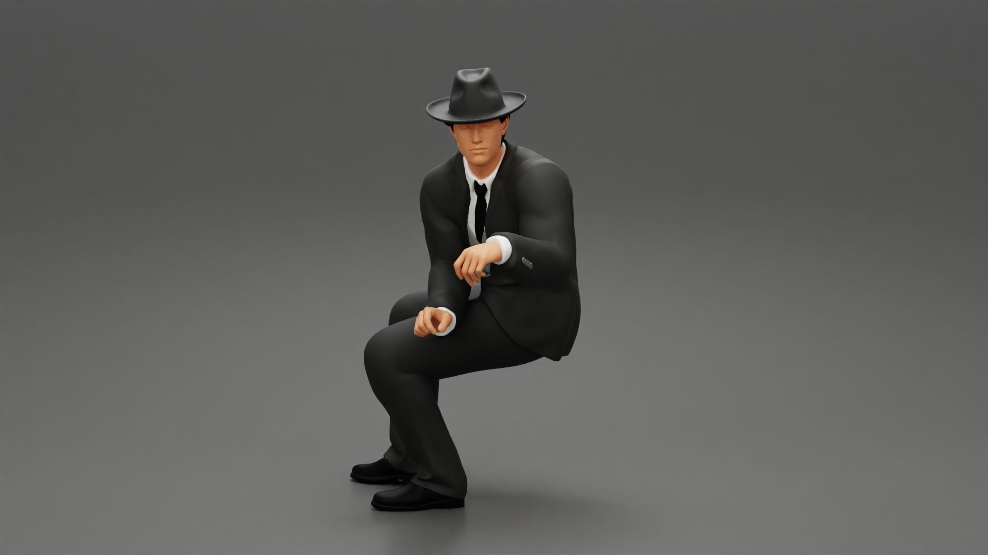 businessman in hat sitting and holding briefcase of money  3D print model_17